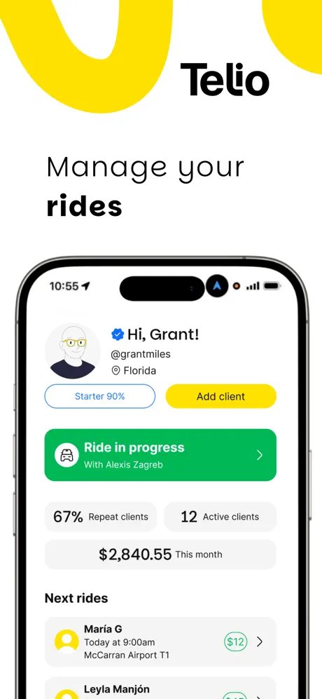 Telio Driver: panel de viajes y clientes